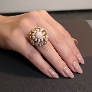 Vintage Sarah Coventry Adjustable Ring - Pink Cabochon & Faux Pearl Gold Tone